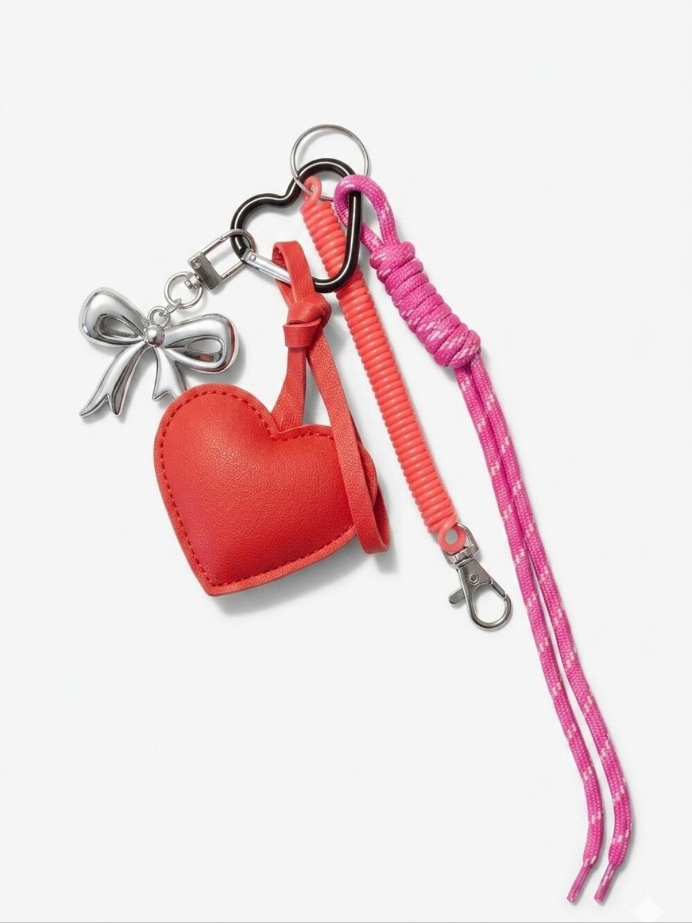 Heart Charm Keychain with Pink Cord and Silver Bow